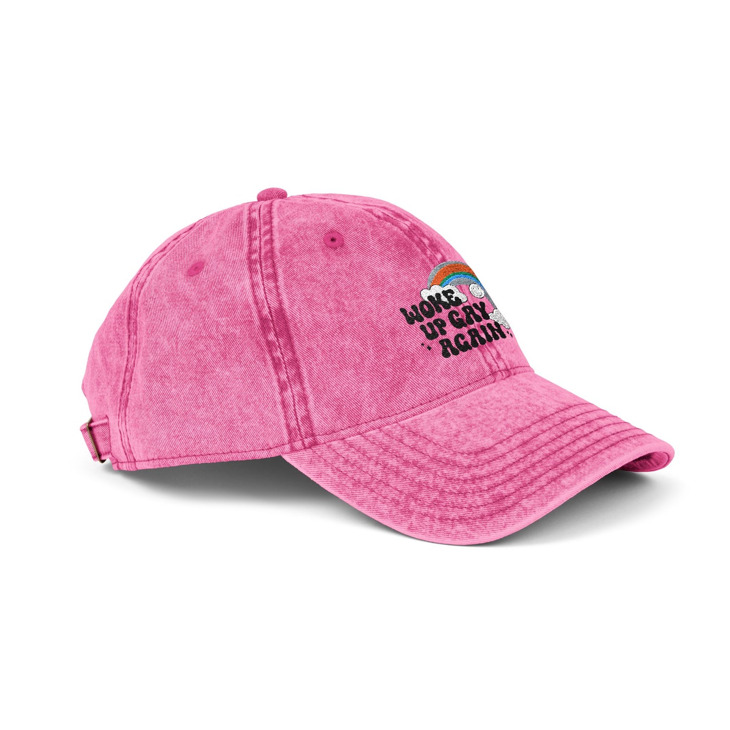 "Woke Up Gay Again" vintage rainbow embroidered cap
