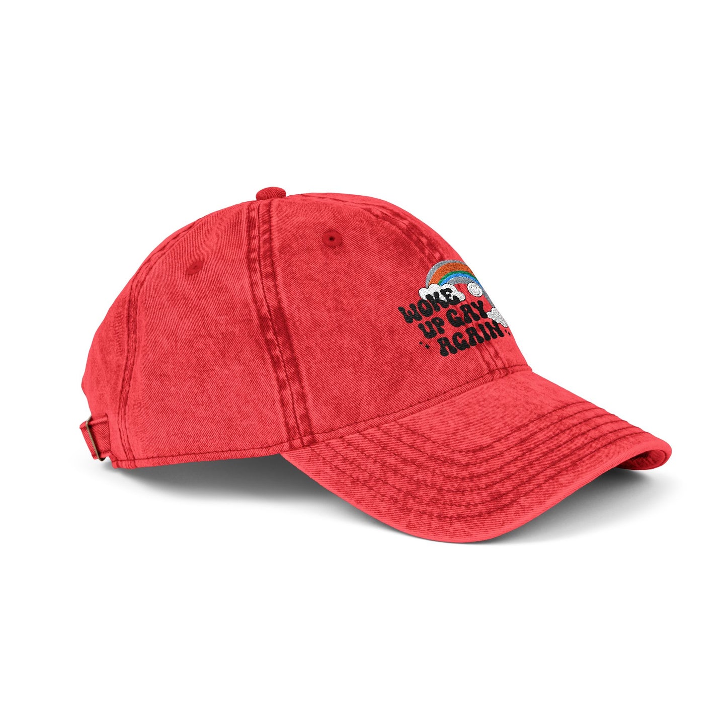 "Woke Up Gay Again" vintage rainbow embroidered cap