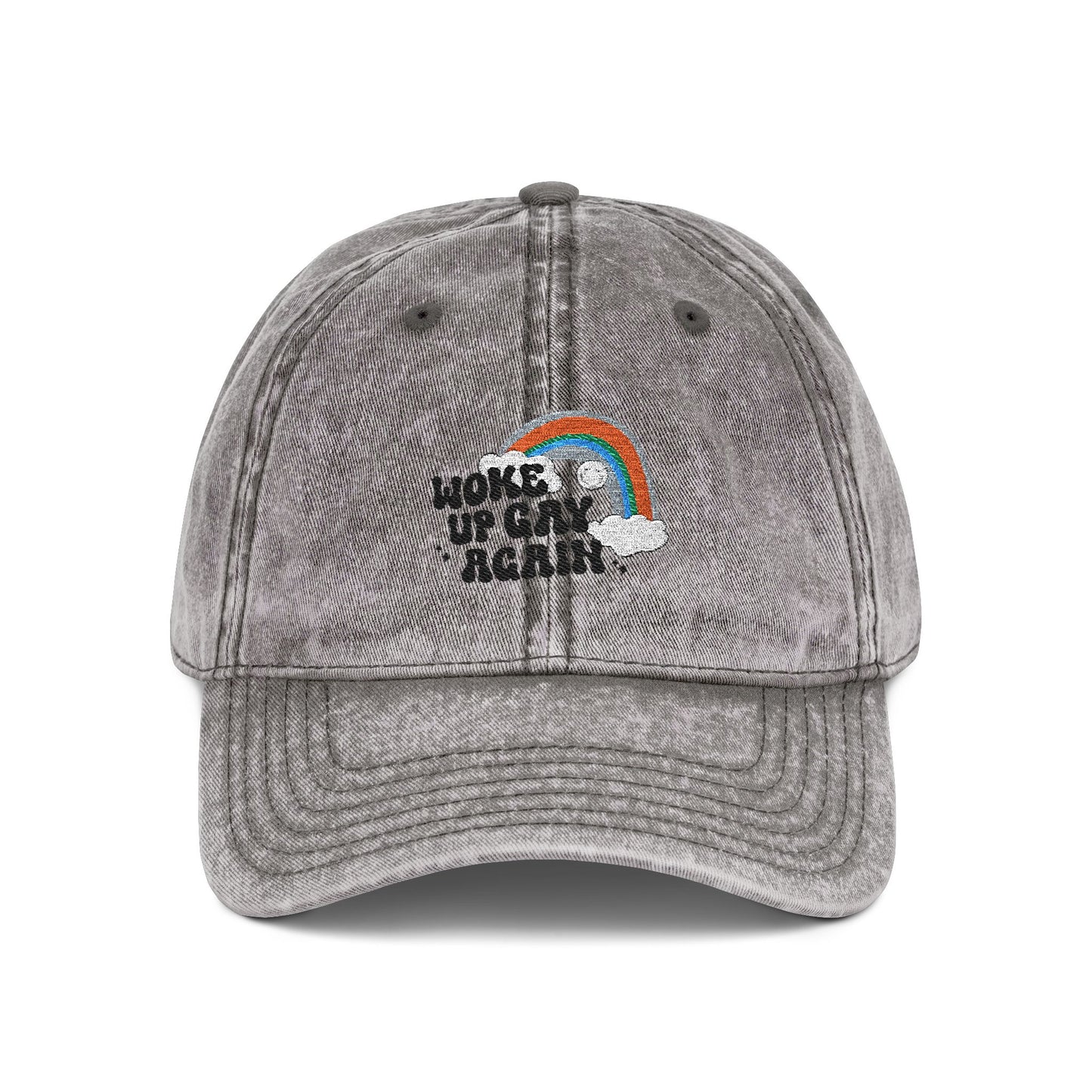 "Woke Up Gay Again" vintage rainbow embroidered cap