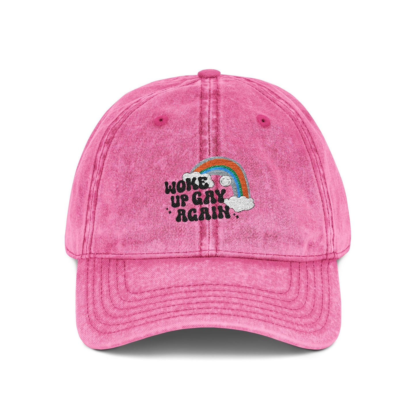 "Woke Up Gay Again" vintage rainbow embroidered cap