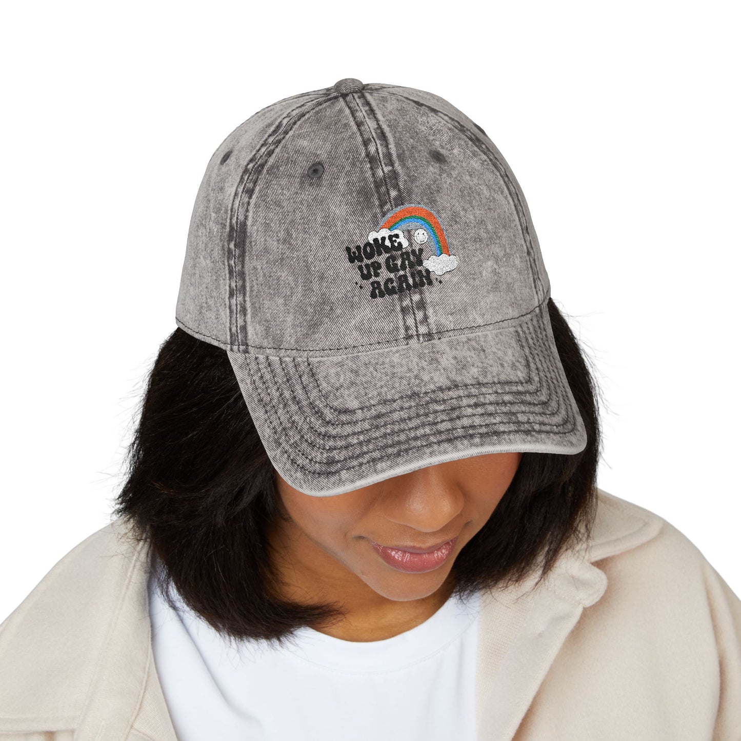 "Woke Up Gay Again" vintage rainbow embroidered cap