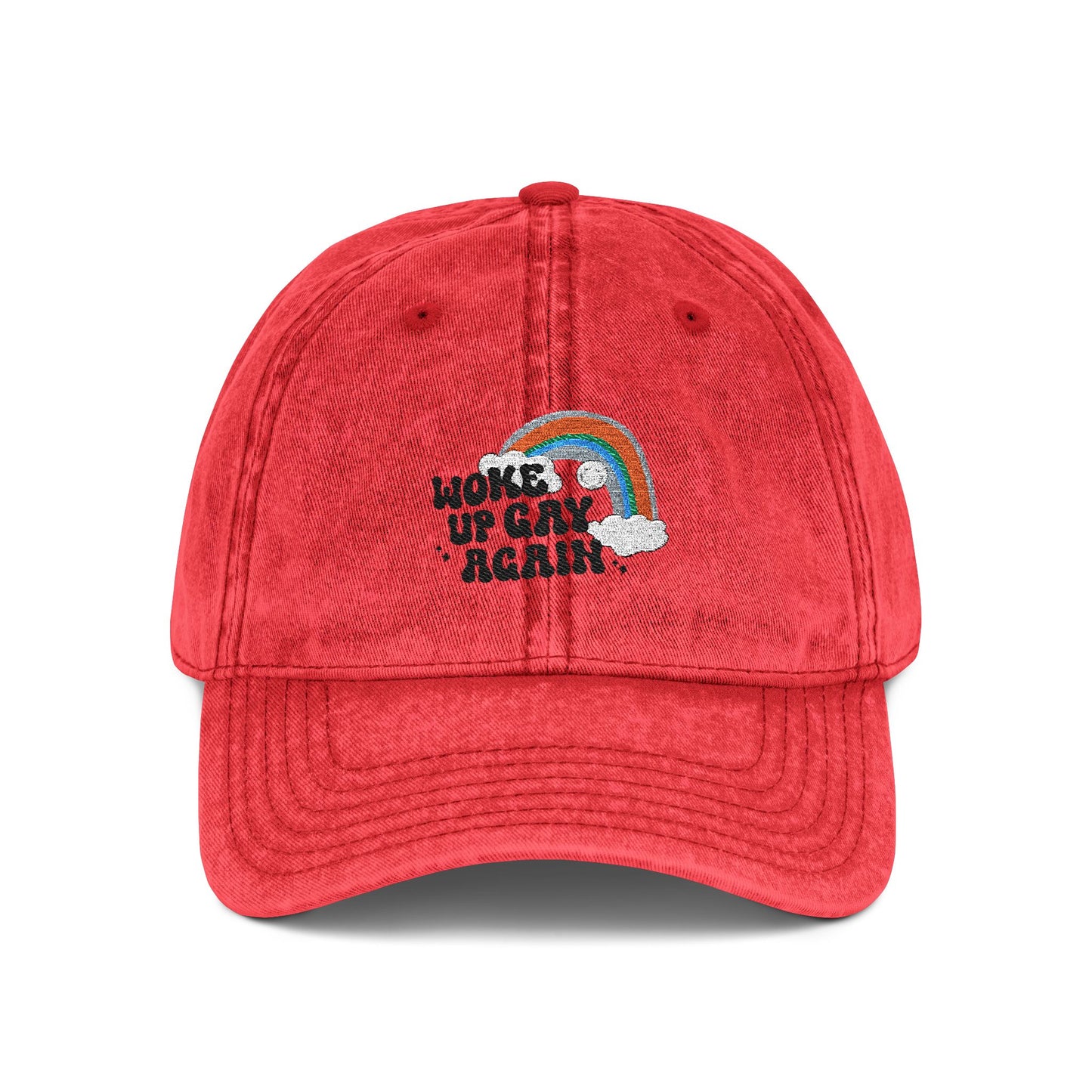 "Woke Up Gay Again" vintage rainbow embroidered cap