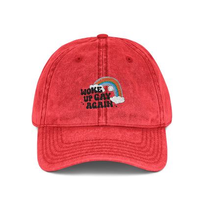 "Woke Up Gay Again" vintage rainbow embroidered cap