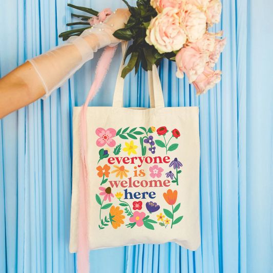 "Everyone Is Welcome Here" canvas tote bag