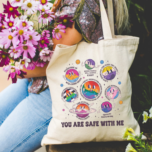 Tote "You Are Safe With Me" | Floral Tote Bag | queer inclusive pride gay equal rights Eco-Friendly Shopping, Gift